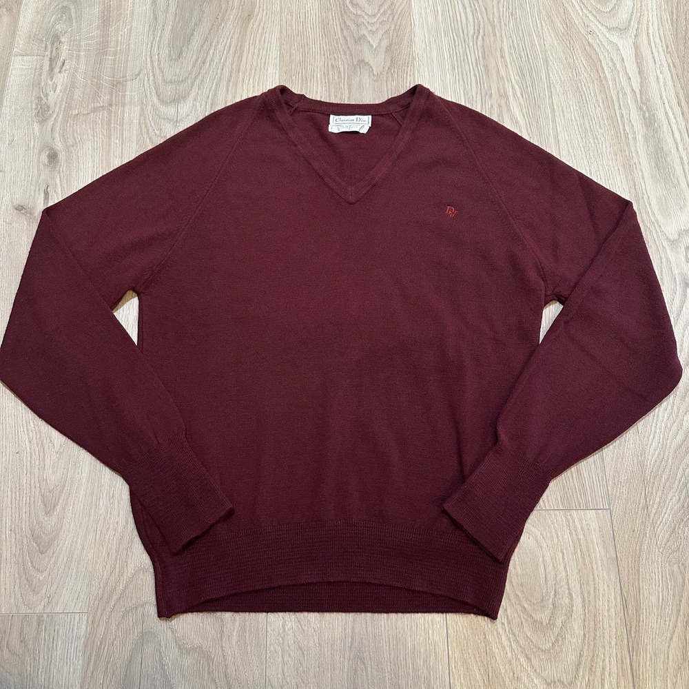 VTG Christian Dior V-Neck Sweater Women's Sz Large Burgundy Logo Preppy Acrylic